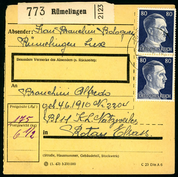 Bordereau d'envoi de colis vers le Struthof