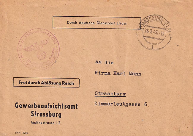Lettre Deutsche Dientpost Elsace avec timbre à date
