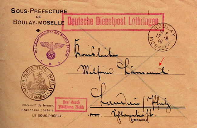 Lettre passée par la poste de service allemande de Lorraine