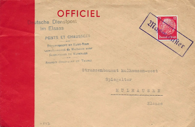Lettre Dienstpost Elsace avec cachet caoutchouc