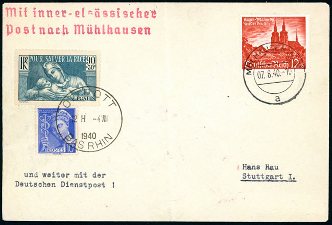 Double affranchissement français à l'intérieur de l'alsace puis allemand vers Stutgart