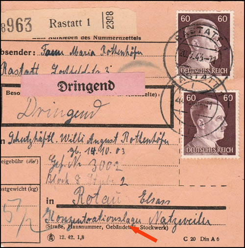 Bordereau d'envoi de colis pour le Struthof