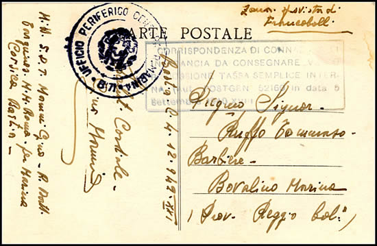 Courrier civil italien en Corse non affranchi au départ