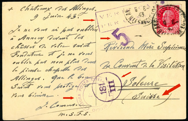 Carte postale censurée pour la Suisse