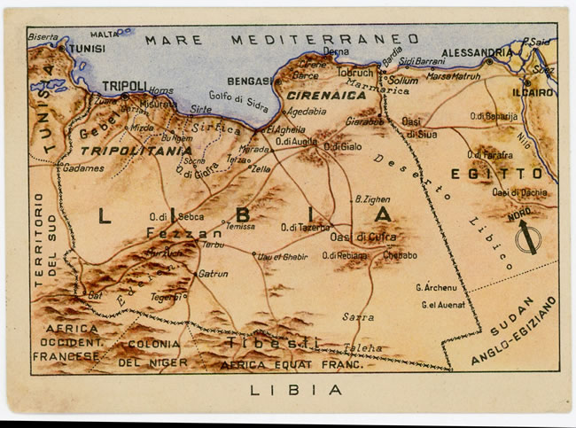 Carte postale italienne de franchise militaire montrant une carte de la Libye