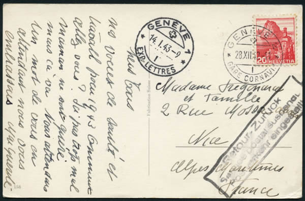 CP de Suisse pour Nice, retounée à l'envoyeur 12/42