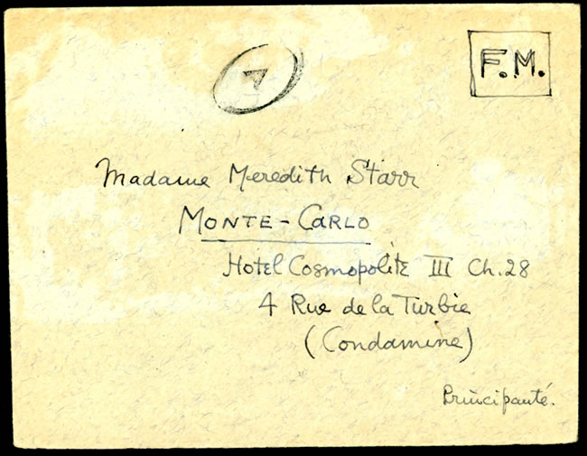 Lettre en franchise d'une Britannique  internée au camp de Sospel