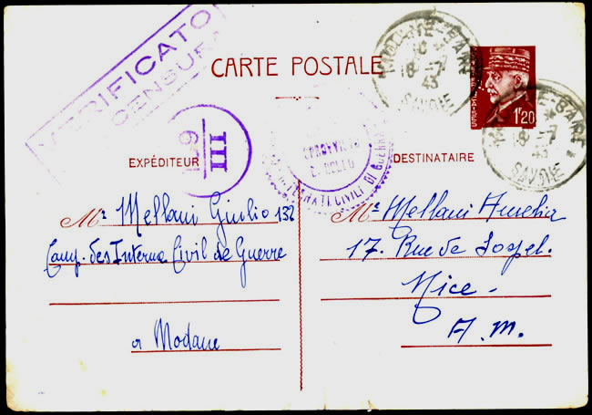 Entier d'un interné civil au camp de Modane