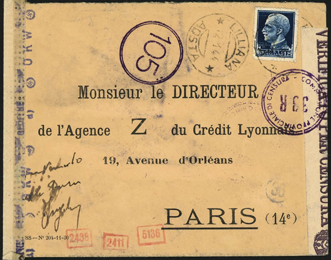 Lettre d'Aoste pour paris janvier 1944 via Munich