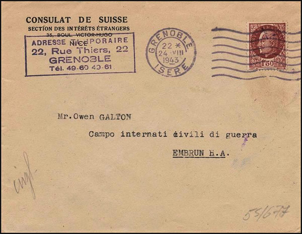 Lettre pour le camp italien d'internement à Embrun