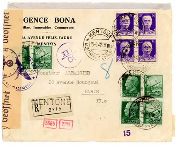 Lettre recommandée de Menton pour Paris via Turin et Milan