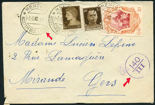 Lettre ordinaire de Menton 1943 avec cachet des recommandés