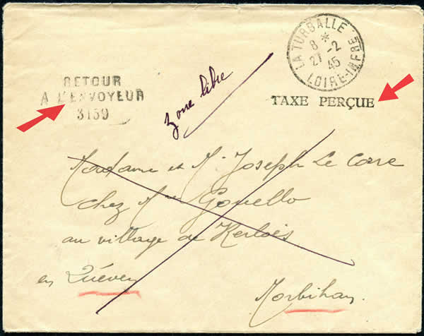 Lettre pour une localité hors de la poche, retournée à l'envoyeur