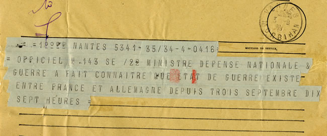 Télégramme annonçant la déclaration de Guerre