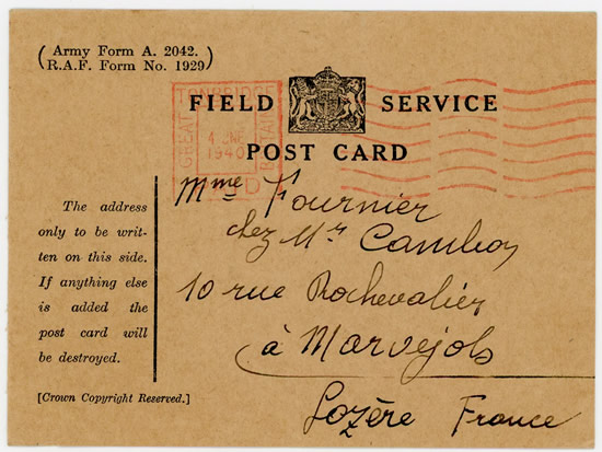 Carte postale britannique préremplie de l'Operation Dynamo