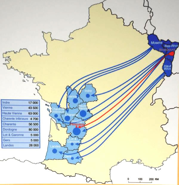 Carte montrant les évacuations d'Alsaciens et Mosellans en 1939