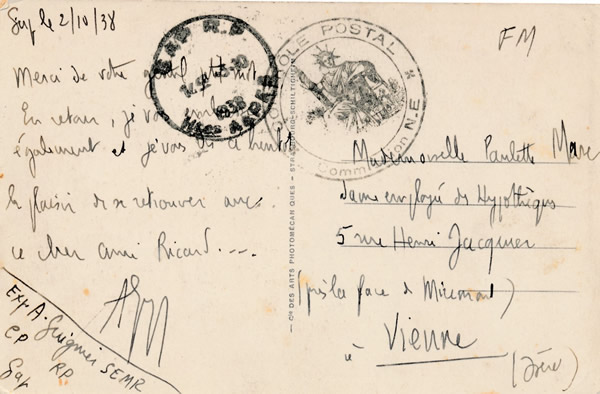 Carte postale en franchise militaire censurée octobre 1938