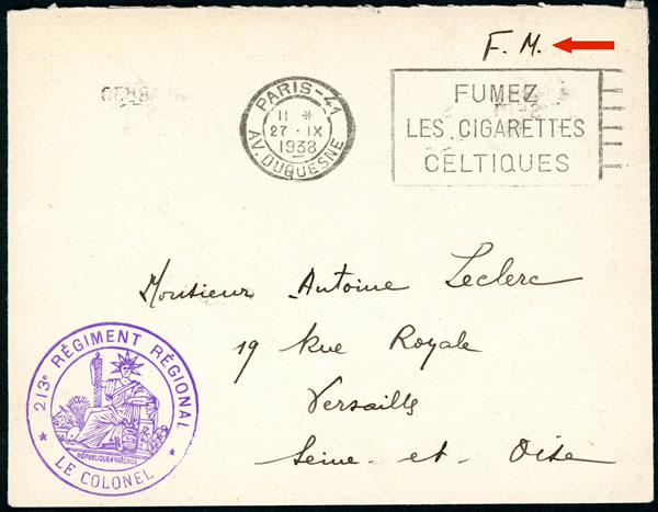 Lettre en franchise militaire septembre 1938
