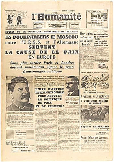 Journal L'Humanité  célébrant le pacte germano-soviétique