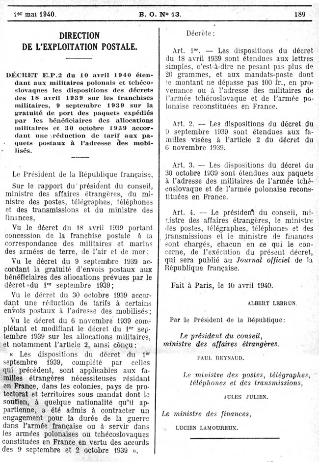 Franchise militaires des combattants Polonais et Tchèques