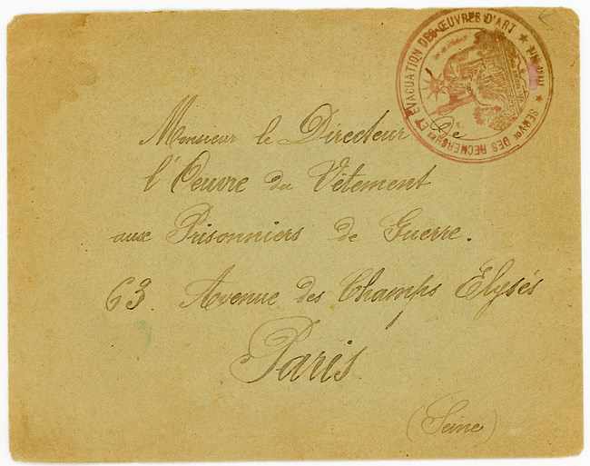 Lettre avec cachet recherche et évacuation des oeuvres d'art.