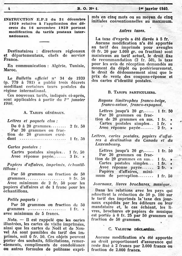 Tarifs étranger 01 01 40