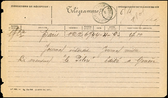 Télégramme officiel interdisant le journal suisse Le Pilori