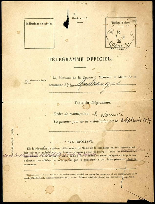 Télégramme officiel annonçant la mobilisation générale