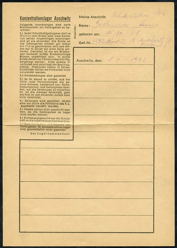 Formulaire de correspondance d'Auschwitz