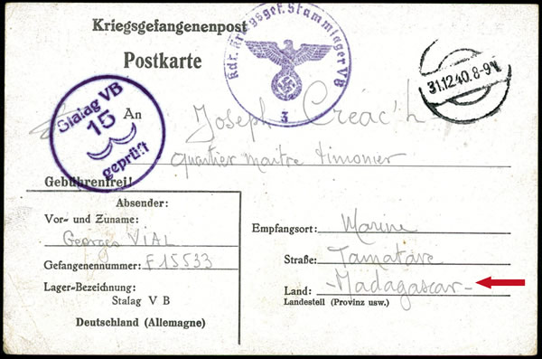 Carte d'un prisonnier français pour un marin à Madagascar