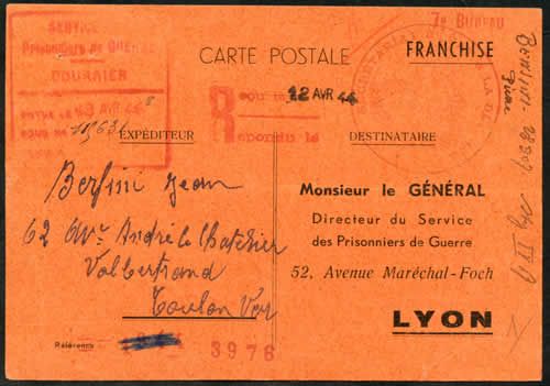 Carte en Franchise  pour le service des prisonniers de guerre