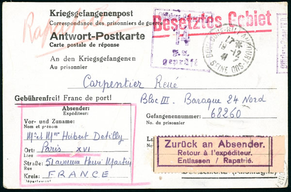 Courrier de prisonnier  rapatrié avec étiquette bilingue de retour