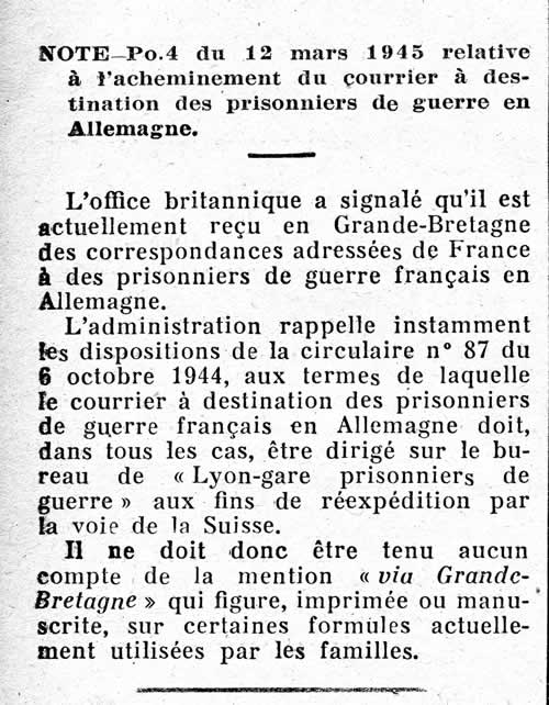 Courrier pour les prisonniesr "via Grande-Bretagne