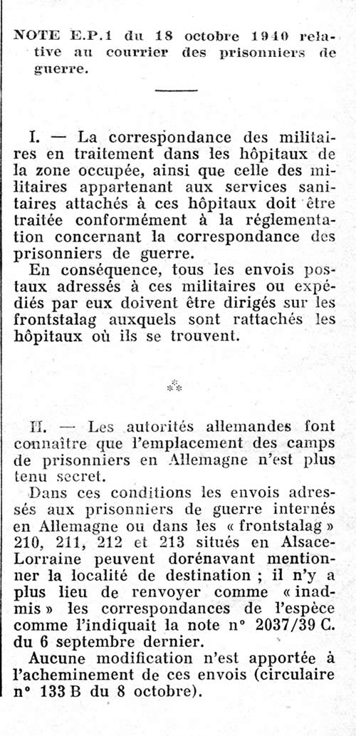 Nouvelle note sur le courrier des prisonniers de guerre