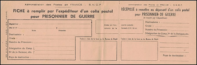 Fiche à remplir pour l'envoi d'un colis à un prisonnier