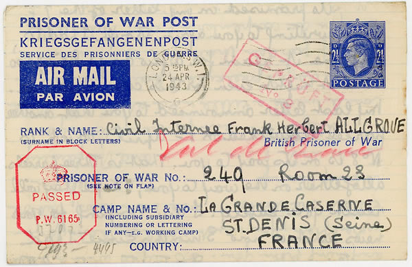 Formulaire britannique utilisé pour un interné civil à la grande-caserne de Saint-Denis