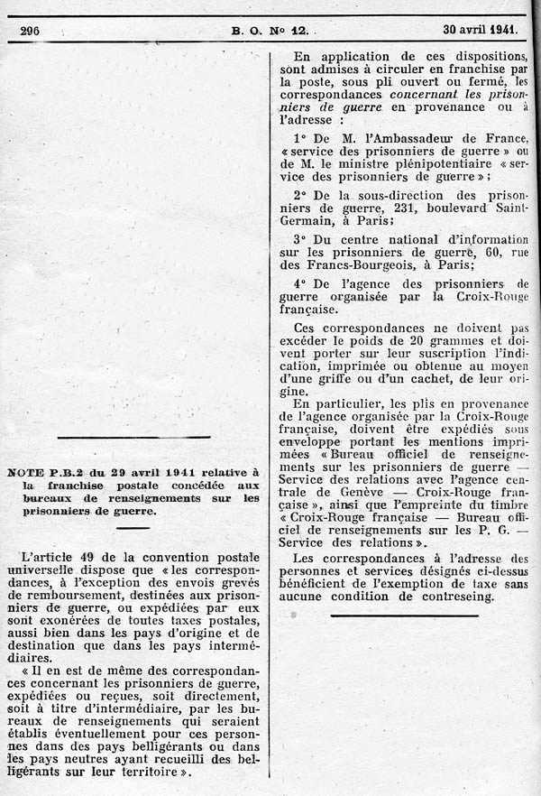 Franchise du service des Prisonniers de guerre.