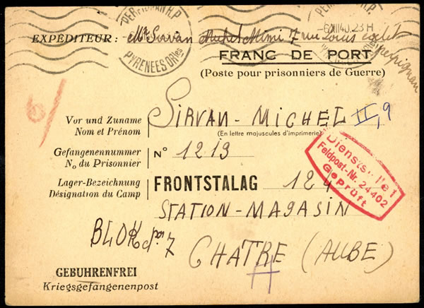 Carte pour le Frontstalag 124 à Chatres Aube