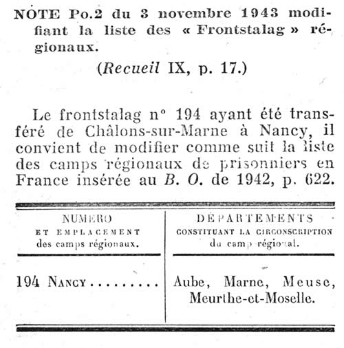 Nouvelle modification des numéros de Frontstalag