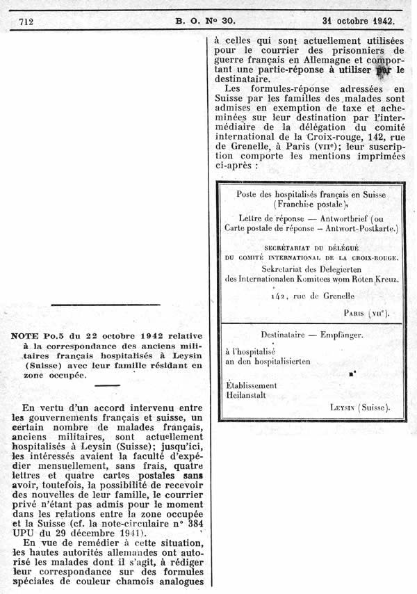 Courrier des militaires soignés en Suisse