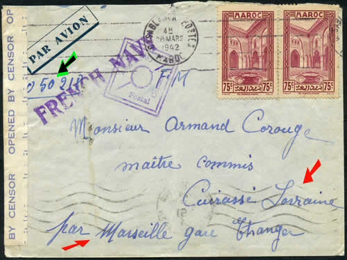 Lettre du Maroc pour le cuirassé Lorraine à Alexandrie