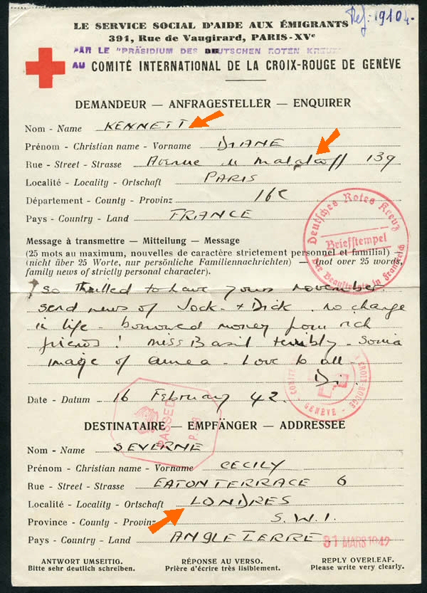 Message Croix rouge d'un Britannique à paris pour Londres 1942
