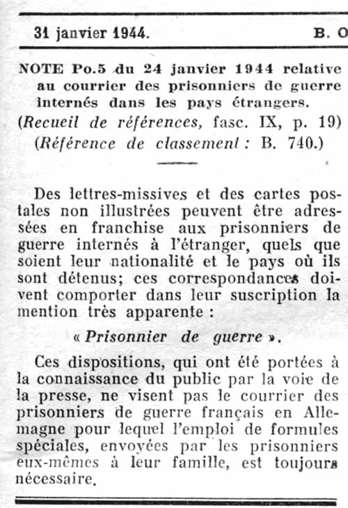 Courrier pour les prisonniers à l'étranger sauf en allemagne