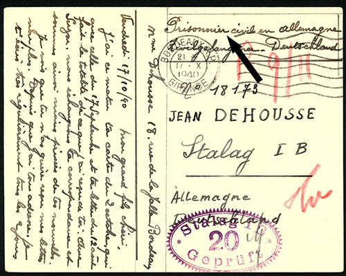 Courrier pour un prisonnier civil français en allemagne octobre 1940