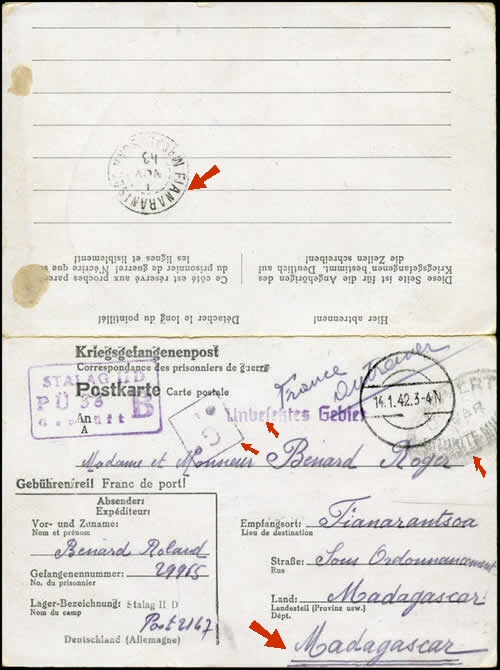 Carte d'un prisonnier vers Madagascar