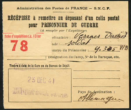 Récépissé de'envoi de colis à un prisonnier