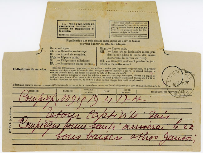 Télégramme à sa famille d'un prisonnier libéré à Compiègne  juillet 1943