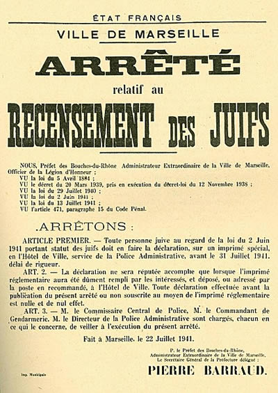Affiche recensement des Juifs en zone libre
