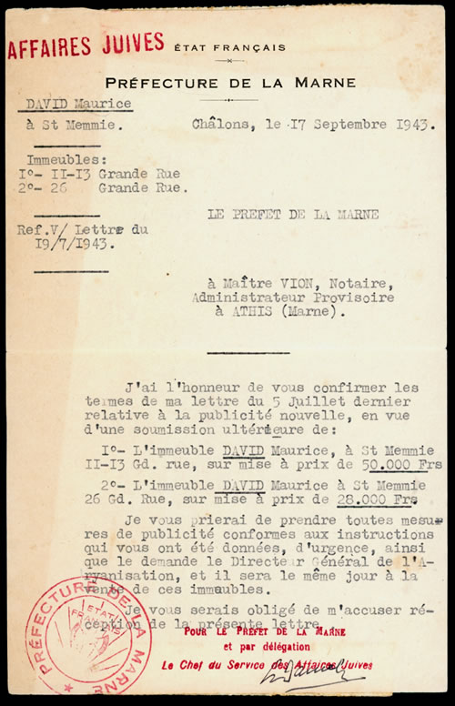 Lettre relative à la vente d'immeubles appartenant à des Juifs