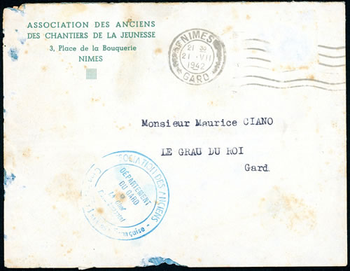 Lettre à entête imprimé des Anciens des  Chantiers de jeunesse